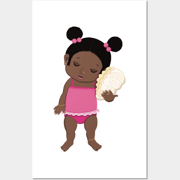 Vacation mood on - cute little dark girl having a quiet moment on the beach listening to the sound of a seashell, lighter ,no text Wall Art by marina63